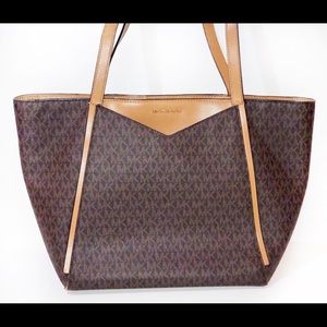 Michael Kors Monogram Coated Canvas & Tan Leather Tote Shoulder Bag